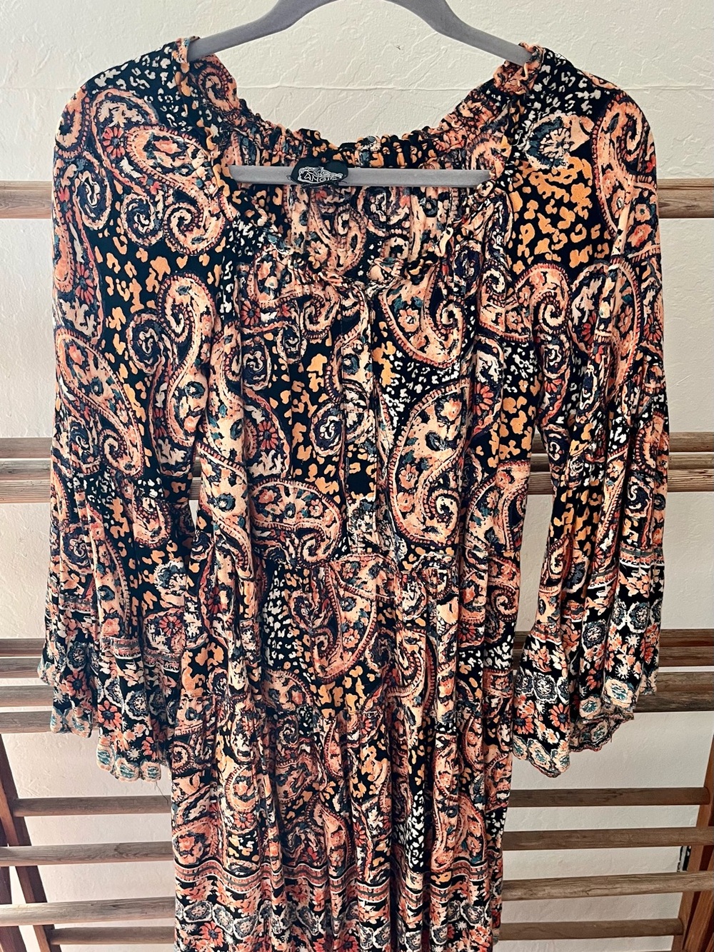 Angie Paisley Boho Mini Dress in Black and Rust